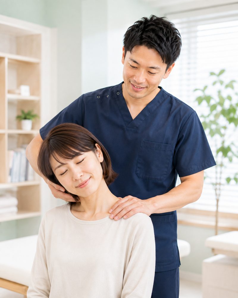 施術者が、座った状態の女性の首から肩まわりの動きを確認している様子