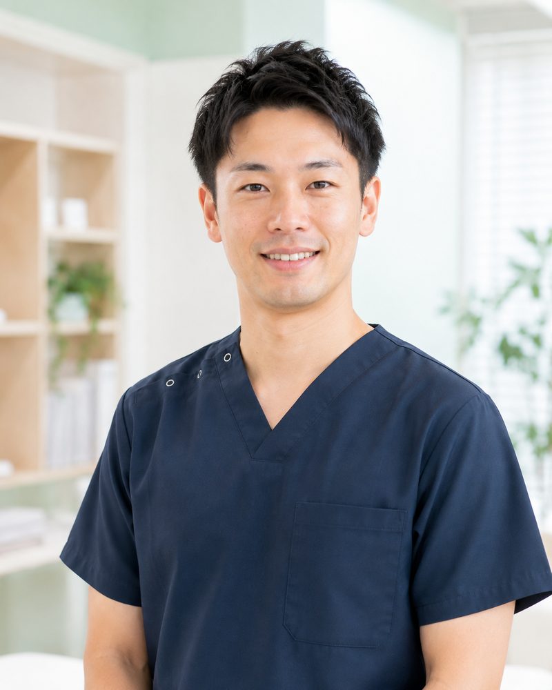 みなと整体院の施術者。ネイビーの施術着を着た男性