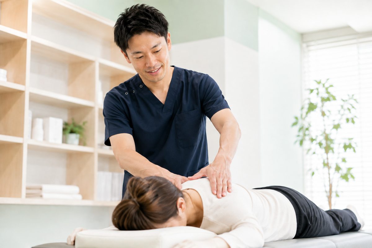 うつ伏せの状態で、背中から肩甲骨まわりの状態を確認している様子